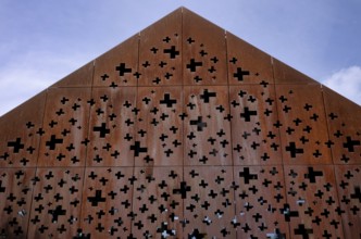 Building, roof, made of metal, with Swiss crosses, Rhine Falls Schaffhausen, waterfall,