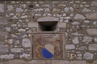 Coat of arms on the historic defence defence tower, tower, Laufen Castle, Rhine Falls Schaffhausen,