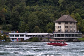 Excursion boat with tourists, Rhine Falls Schaffhausen, waterfall, Panoramarestaurant Schlössli