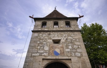 Historic defence defence tower, tower, coat of arms, Laufen Castle, Rhine Falls Schaffhausen,