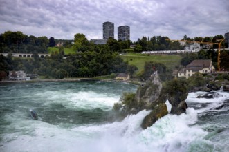 Rhine Falls Schaffhausen, waterfall, centre rock, viewing platform, visitors, tourists, behind it