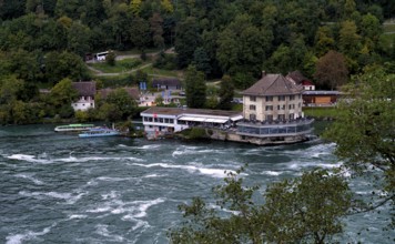 View from Schloss Laufen to Rhine Falls Schaffhausen, waterfall, Panoramarestaurant Schlössli
