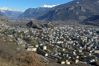 The town of Sion in the Rhone Valley with the two castles Tourbillon, left, and Valere, right,