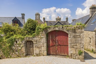 Red wooden doors in an old masonry wall with lush green plants in an old town by a square a sunny