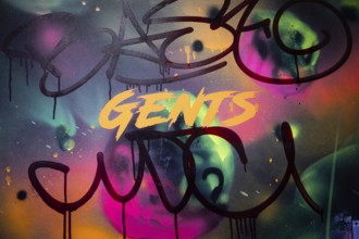 Graffiti on toilet door and lettering 'GENTS', neon colours, London, England, Great Britain