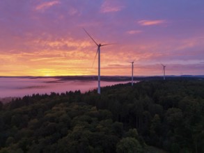 Several wind turbines above a forest in front of sunrise in the warm colours of dusk, near