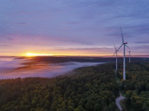 Wind turbines with a winding road through a forest area at sunrise, near Schorndorf, Remstal,