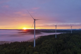 Wind turbines stand high above a misty forest illuminated by an impressive sunrise, near