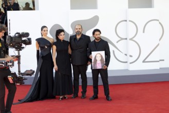 Venice, Italy - 3 September 2025: Saja Kilani, Clara Khoury, Amer Hlehel, Motaz Malhees with a