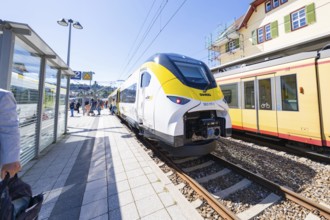 Modern yellow and white train at the station with green and red building in the background, battery
