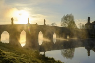 Morning atmosphere, fog at Fischhof, with historic Fischhof bridge, Tirschenreuth, Upper