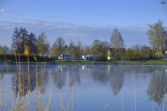 Motorhome site, morning mood, fog at the Fischhof, Tirschenreuth, Upper Palatinate, Bavaria,