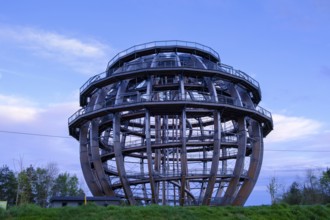 Observation tower, wooden ball on the Steinsee lake, Upper Palatinate Lake District near