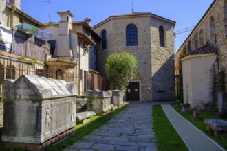 Sarcophagus at the Early Medieval Basilica di Sant'Eufemia, Grado, Julian Friuli, Adriatic Sea,
