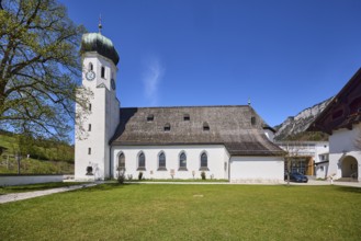 Parish church Herz-Jesu Bischofswiesen, street, meadow, hill, trees, blue sky, cirrostratus clouds,