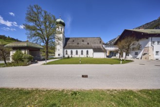 Parish church Herz-Jesu Bischofswiesen, vocational school for child care, meadow, hills, trees,