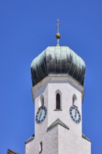 Parish church Herz-Jesu Bischofswiesen, church, church tower, tower clock, blue sky, cirrostratus