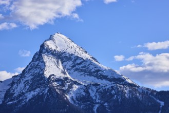 Mountain Watzmann, mountain peak, coniferous forest, blue sky, cumulus clouds, Bischofswiesen,