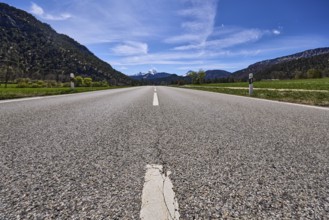 Road, centre line, delineator, mountain landscape, mountains, hills, footpath and cycle path,