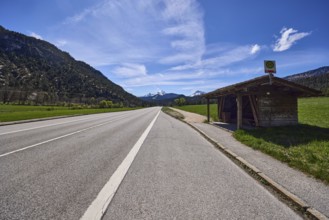 Road, bus stop, bus shelter, mountain landscape, mountains, hills, footpath and cycle path, forest,