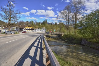 River Bischofswieser Ache, road, trees, hill, coniferous forest, building, motorway bridge and