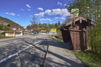 Bus stop, road, traffic lights, trees, hill, coniferous forest, building, shadow, blue sky, cumulus
