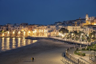 Old town and town beach Spiaggia di San Lorenzo at dusk, Vieste, Gargano, Apulia, Italy