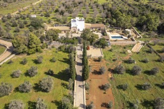 The typical farm Masseria Bianca in Taurisano seen from above, Apulia, Italy