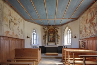 Interior view of the altar, wall frescoes, Wyher Castle Chapel, Wyher moated castle, Ettiswil,