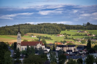 View from a hill to St. Konrad Catholic Church, Grosswangen, Canton Lucerne, Switzerland