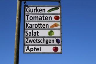 Sign of a farm shop at a farm, offering cucumbers, tomatoes, carrots, lettuce, plums, apples,