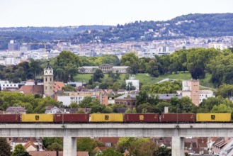 Goods train on the Schusterbahn, Münster railway viaduct with Bad Cannstatt and Rosensteinpark,