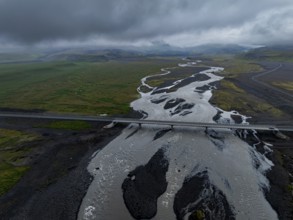 River, river course, river delta, road, bridge, cloudy, rainy, summer, aerial view, South Iceland,