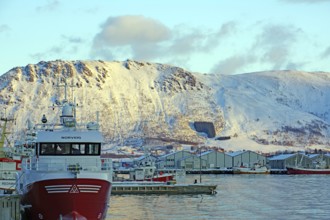 Norwegian harbour in front of snowy mountains in winter with boats and clouds in the sky, Myre,