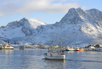 A fishing boat on calm water against a backdrop of snow-capped mountains and blue sky, Myre,