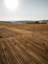Sunlit fields with straw bales under a blue sky, quiet and spacious, Gechingen, district of Calw,