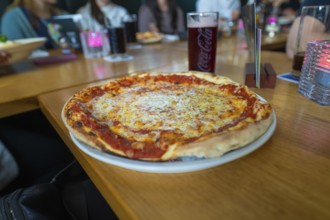 Pizza with cheese and tomato sauce on a plate in a restaurant, Lake Constance, Germany