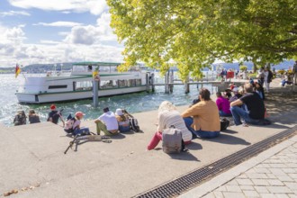 People sitting on the shore of a lake and watching an arriving ship, Lake Constance, Germany