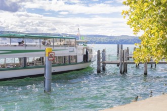 Boat approaching a jetty on a lake on a sunny day, Lake Constance, Germany