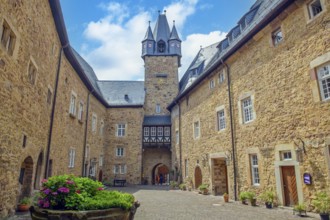 View over the inner courtyard of Spangenberg Castle to the castle tower, Spangenberg,