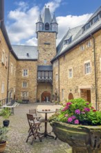 View over the inner courtyard of Spangenberg Castle to the castle tower, Spangenberg,