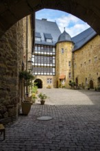 View through the castle gate into the inner courtyard of Spangenberg Castle, Spangenberg,
