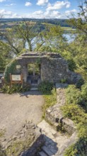 Bird's eye view of rest of wall with window niche part of ruins of Isenburg Castle, below old