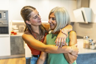 Daughter embracing her elderly mother in a bright kitchen, radiating love and care in a warm,