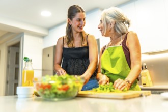Two women happily preparing a colorful vegetable salad in a modern kitchen, enjoying conversation
