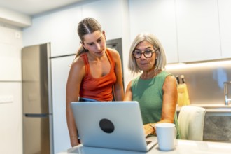 Senior woman and young woman using laptop in kitchen are looking at screen and working on a project