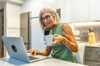 Smiling senior woman using laptop and drinking coffee in modern kitchen, enjoying work from home or