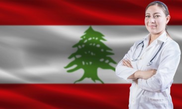 Female doctor on Lebanon flag. Doctor with crossed arms on Lebanon flag. Lebanon health and care