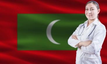 Female doctor on Maldives flag. Doctor with crossed arms on Maldives flag. Maldives health and care