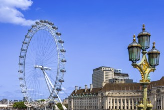 Travel attraction of London Eye Millenium ferris wheel overlooking London Big Ben and British
